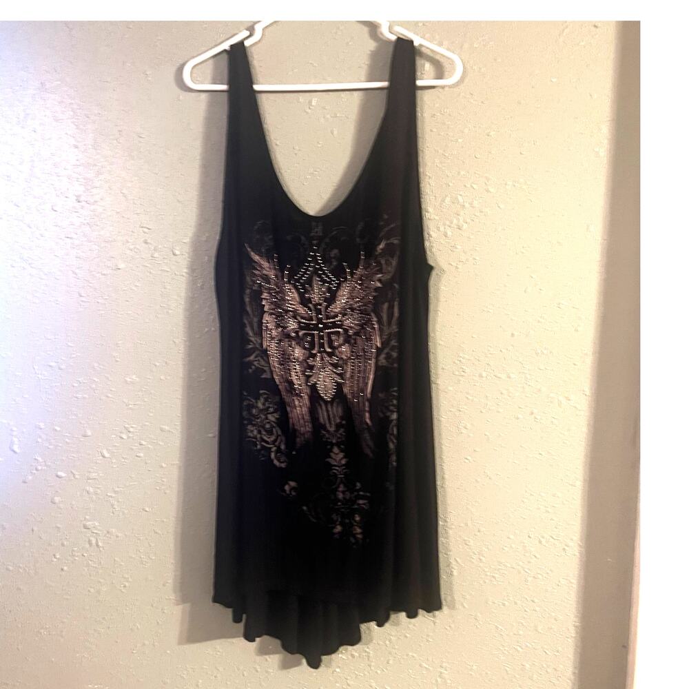 Big Bang USA Womens 2XL oversized black cross tank top rhinestone flowy feminine